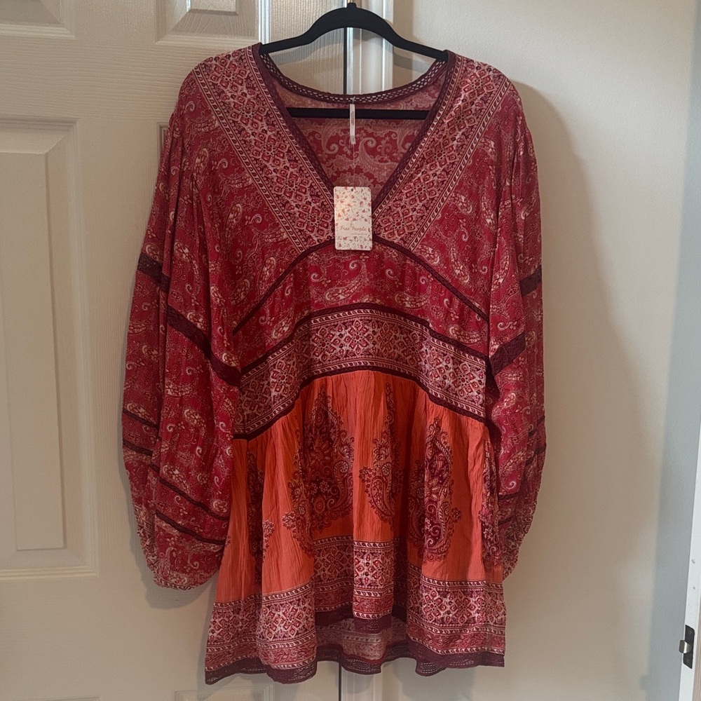 Free People Red and Pink Patterned Tunic